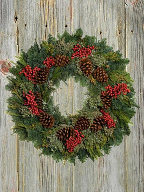 25" CANELLA CONE MIXED WREATH   CHRISTMAS GREENS